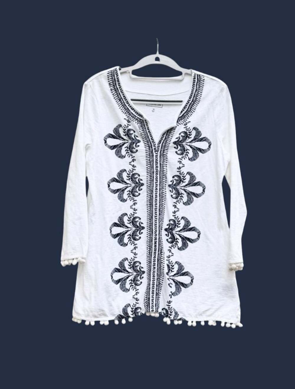 Charter Club XS White Embroidered Pom Pom Tunic Top